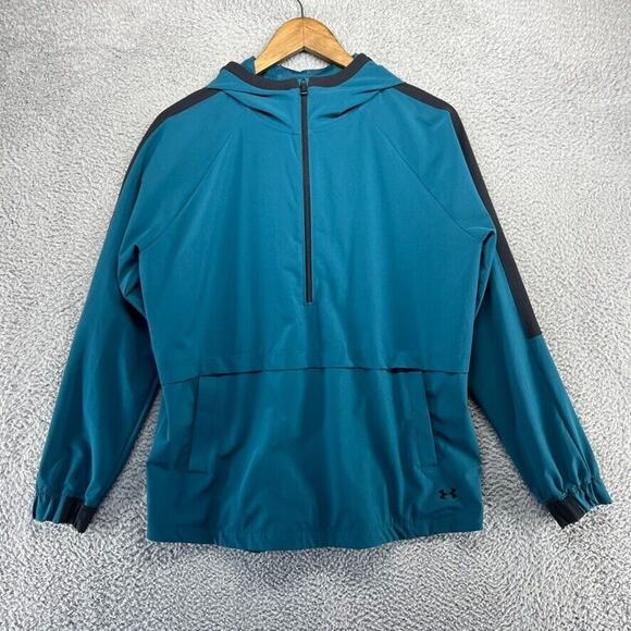 Under Armour WIndbreaker Jacket Women's Small Blue Black Heatgear Anorak 1/2 Zip - Picture 1 of 12